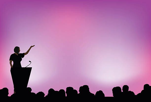 Women Presenting in front of crowd. Women is fully rendered so you could move her around the stage.