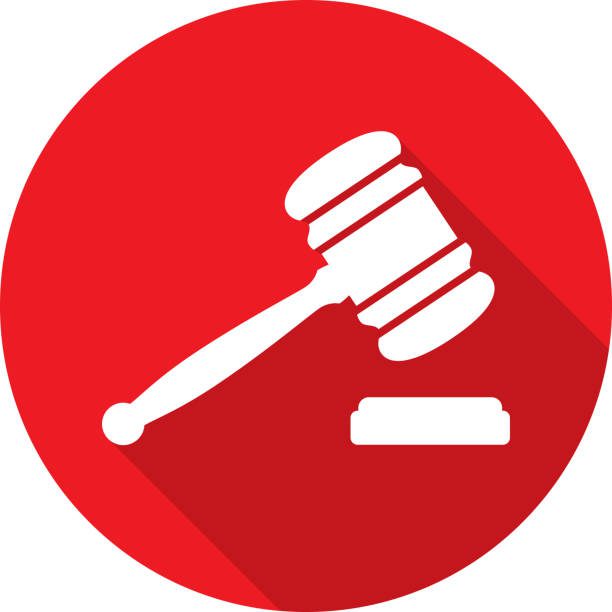 Vector illustration of a red gavel hitting a block icon in flat style.