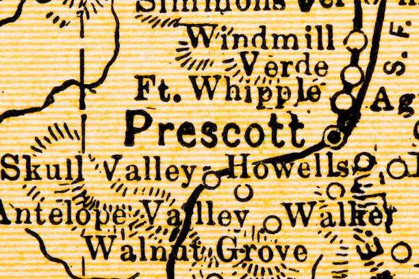 US City names, extreme close up on antique map: Prescott, Arizona