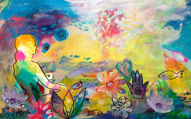 Han drawn watercolor illustration of  mindful meditation- woman in nature sitting meditating. My own work.